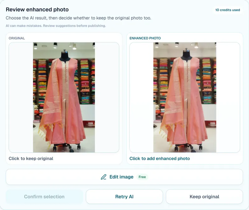 Storzu's review screen comparing a seller's original phone photo of a peach anarkali with the AI-enhanced version